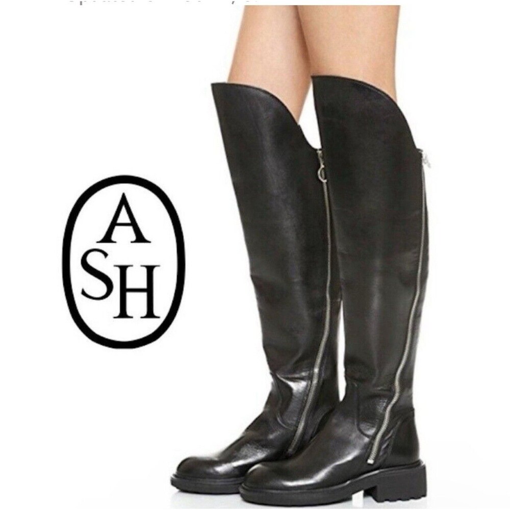 Ash SEVEN Black Leather Over the Knee Boots, Double Zippers Lug Soles Sz 37 US 7